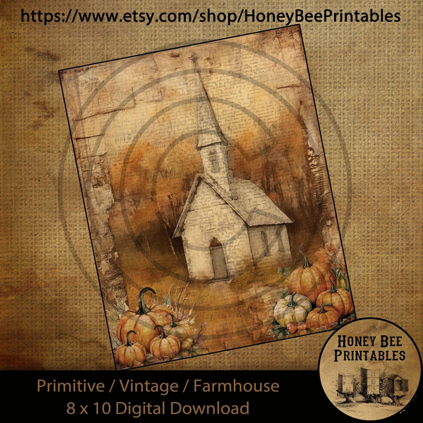 Vintage Primitive Farmhouse Digital Download Printable Sublimation Decoupage Labels  Fall Autumn Church Chapel Pumpkins Distressed Grungy