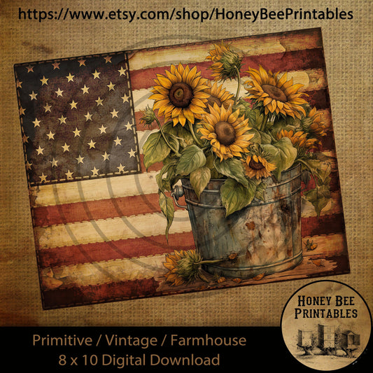 Vintage Primitive Farmhouse Digital Download Printable Sublimation Decoupage Labels Patriotic Grungy American Flag Old Bucket Sunflowers USA
