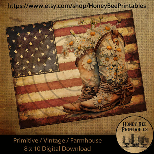 Vintage Primitive Farmhouse Digital Download Printable Sublimation Decoupage Labels Patriotic Grungy American Flag USA Western Boots Daisies
