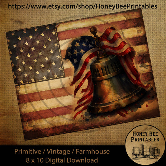 Vintage Primitive Farmhouse Digital Download Printable Sublimation Decoupage Labels Patriotic Grungy American Flag Liberty Bell Ribbon