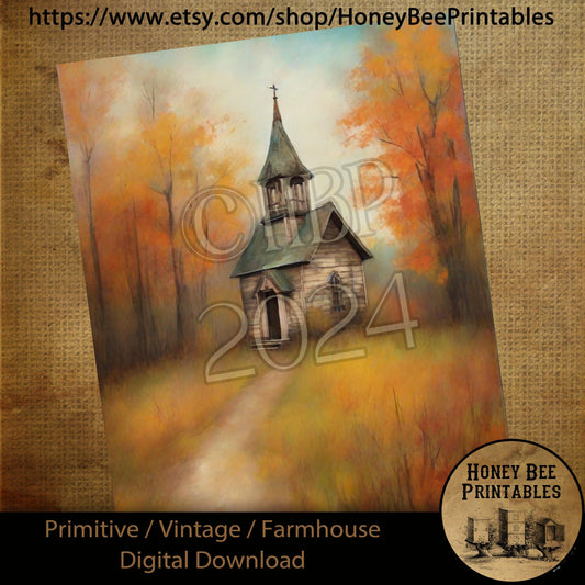 Vintage Digital Download Printable Sublimate Decoupage Primitive, Painting, Fall, Autumn, Old Rustic White Country Church, Grungy Chapel 01