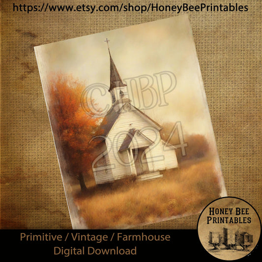 Vintage Digital Download Printable Sublimate Decoupage Primitive, Painting, Fall, Autumn, Old Rustic White Country Church, Grungy Chapel 06