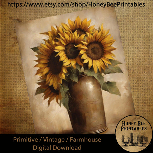 Vintage Digital Download Printable Sublimate Decoupage Primitive, Painting, Fall, Autumn, Old Rustic Crock, Sunflowers, Crock of Sunflowers