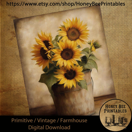 Vintage Digital Download Printable Sublimate Decoupage Primitive, Painting, Fall, Autumn, Old Rusty Bucket, Sunflowers, Bucket of Sunflowers
