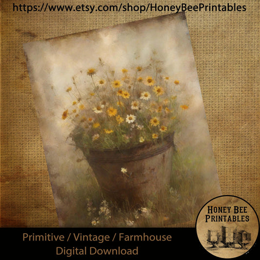 Vintage Digital Download Printable Sublimate Decoupage Primitive, Painting, Rusty Bucket, Spring, Summer, Wildflowers, Bucket of Wildflowers