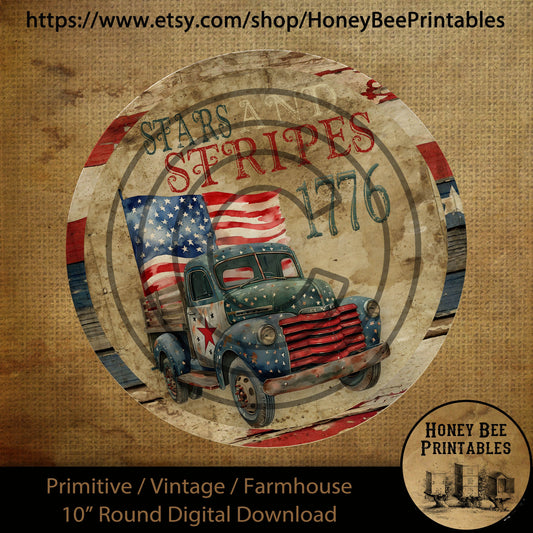 Vintage Primitive Farmhouse Digital Download Printable Sublimation Decoupage 10 inch Round Can Label Patriotic American Old Blue Truck Flag