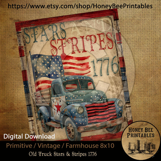 Vintage Primitive Farmhouse Digital Download Printable 8x10 Sublimation Decoupage Cans Labels Patriotic Americana Old Truck, Stars Stripes