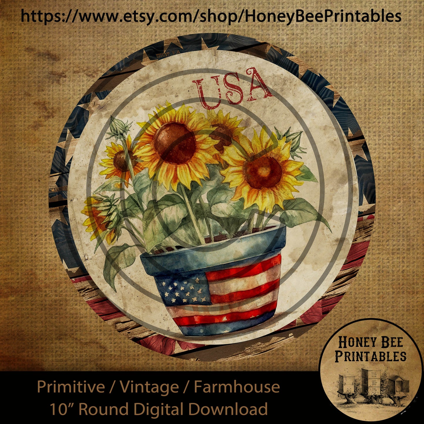Vintage Primitive Farmhouse Digital Download Printable 10 inch Round Sublimation Decoupage  Patriotic American USA Sunflowers Cans Labels