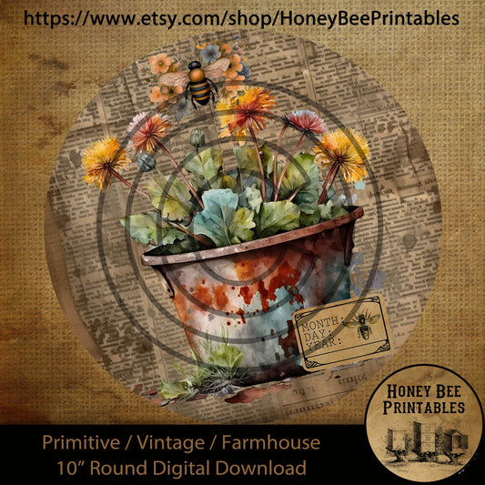 Vintage Primitive Farmhouse Digital Download Printable 10 inch Round Sublimation Decoupage Dandelions Mixed Media Dictionary Page Cans Label