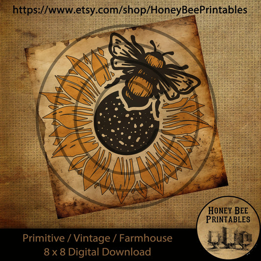 Vintage Primitive Farmhouse Digital Download Printable Sublimation Decoupage Labels Honey Bee on Sunflower Honey 8x8 Tiered Tray Burlap