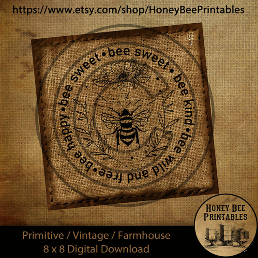 Vintage Primitive Farmhouse Digital Download Printable Sublimation Decoupage Labels Honey Bee Sweet Kind Happy Wild and Free 8x8 Tiered Tray