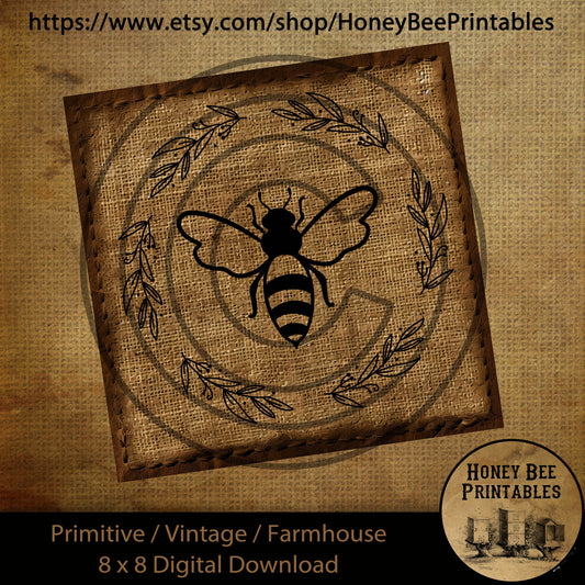Vintage Primitive Farmhouse Digital Download Printable Sublimation Decoupage Labels Honey Bee Wreath 8x8 Tiered Tray Burlap, Cans, labels