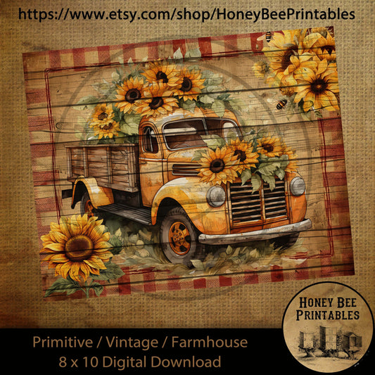 Vintage Primitive Farmhouse Digital Download Printable Sublimation Decoupage Labels Summer Flowers Grungy Sunflowers Old Junky Yellow Truck