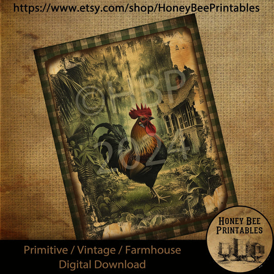 Vintage Primitive Farmhouse Digital Download Printable Sublimation Decoupage Labels 8 x 10 Farm Life Rooster Old House Grungy Green Plaid