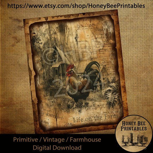 Vintage Primitive Farmhouse Digital Download Printable Sublimation Decoupage Labels 8 x 10 Farm Life Rooster Old House Grungy Stained Paper