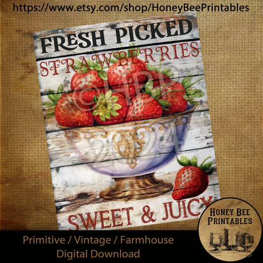 Vintage Primitive Farmhouse Digital Download Printable Sublimation Decoupage Labels Summer Farm Fresh Picked Strawberries Bowl, Strawberry