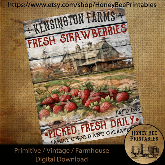Vintage Primitive Farmhouse Digital Download Printable Sublimation Decoupage Labels Summer Kensington Farms Strawberries, Strawberry Farm