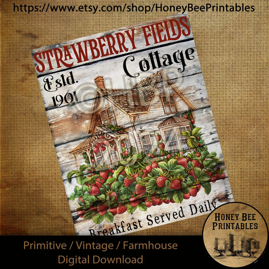 Vintage Primitive Farmhouse Digital Download Printable Sublimation Decoupage Labels Summer Strawberry Fields Cottage, Strawberries, Fruit