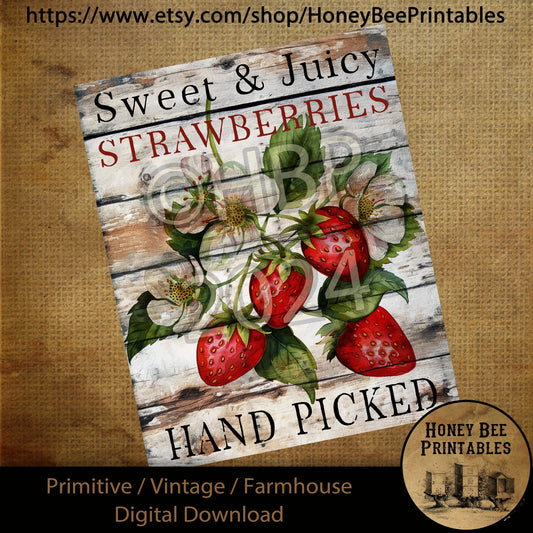 Vintage Primitive Farmhouse Digital Download Printable Sublimation Decoupage Labels Summer Sweet Juicy Strawberries, Hand Picked, Strawberry
