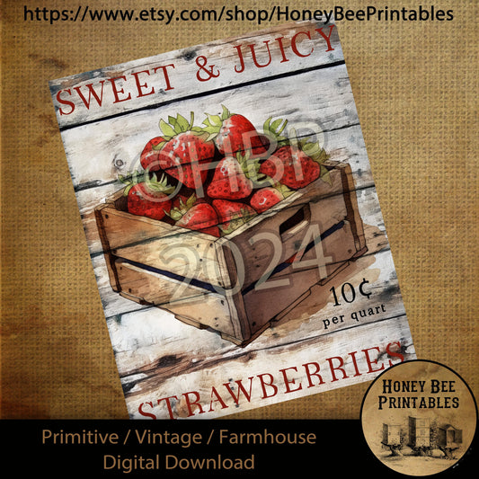 Vintage Primitive Farmhouse Digital Download Printable Sublimation Decoupage Labels Summer Sweet Juicy Strawberries, Hand Picked, Wood Crate