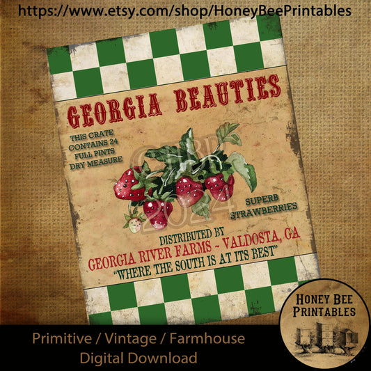 Vintage Primitive Farmhouse Digital Download Printable Sublimation Decoupage Labels Summer Strawberries, Feed Sack, Crate Label, Strawberry