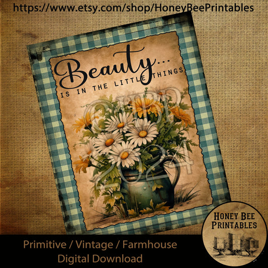 Vintage Digital Download Printable Sublimate Decoupage Primitive, Spring, Summer, Daisies, Daisy, Daisies, Beauty Is In The Little Things