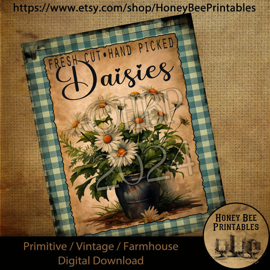 Vintage Digital Download Printable Sublimate Decoupage Primitive, Spring, Summer, Daisies, Daisy, Fresh Cut Hand Picked Daisies, Wildflowers