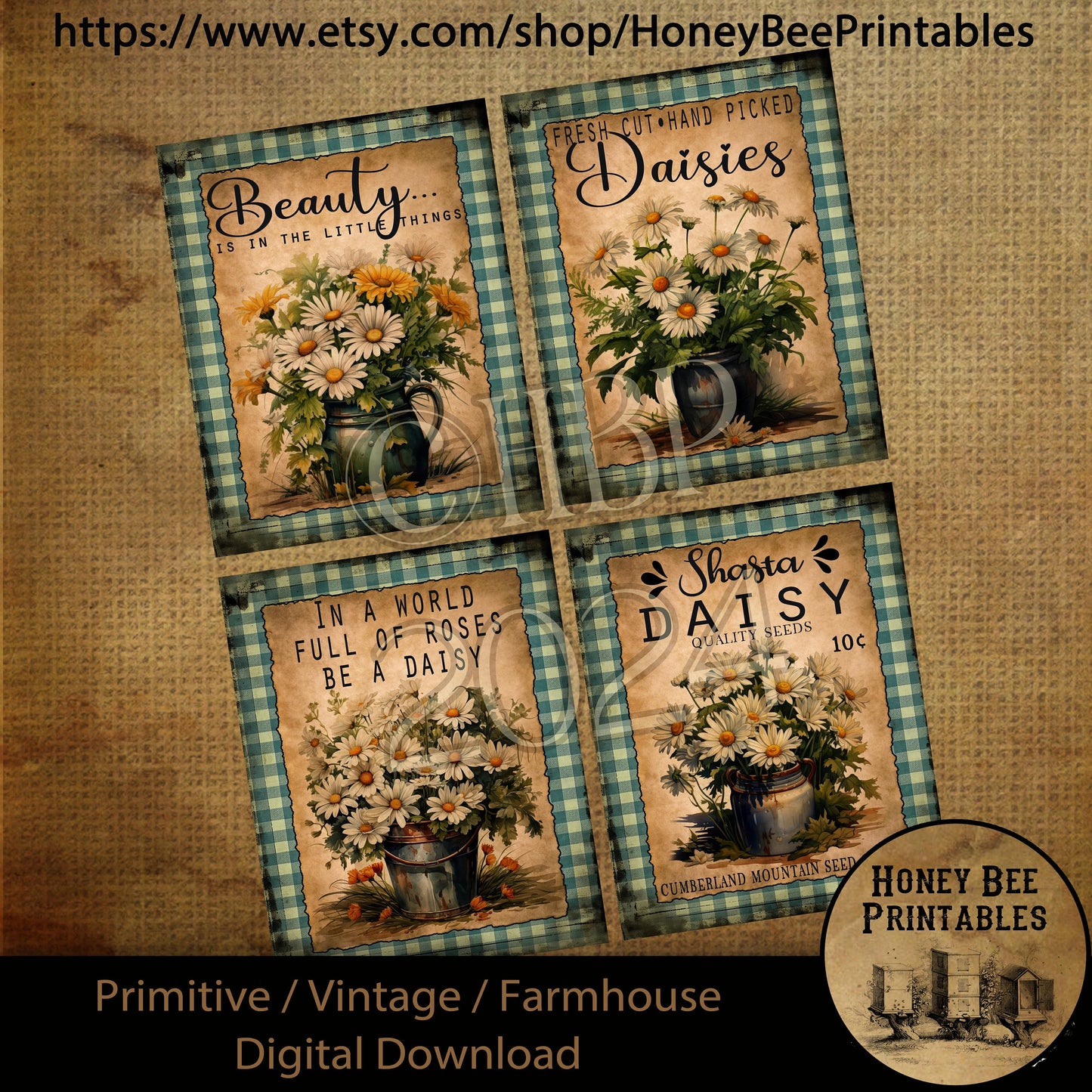 Vintage Digital Download Printable Sublimate Decoupage Primitive, Spring, Summer, Daisies, Daisy, Fresh Cut Hand Picked, Wildflowers, Labels