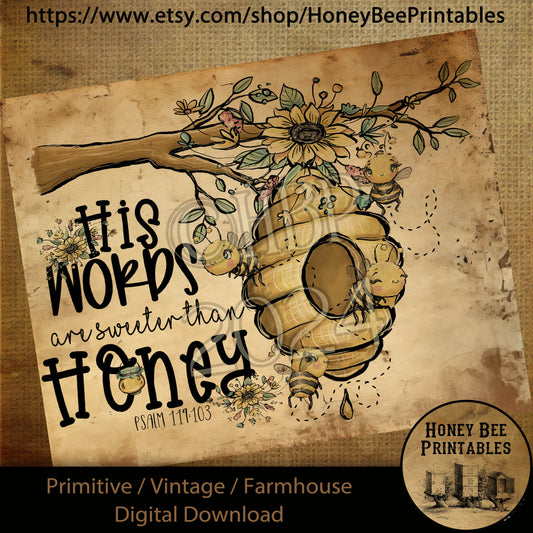 Vintage Digital Download Printable Sublimate Decoupage Primitive, Summer, Honey, Bees, Honey Bee, Hive, Bee Skep, Words Like Honey, Psalms