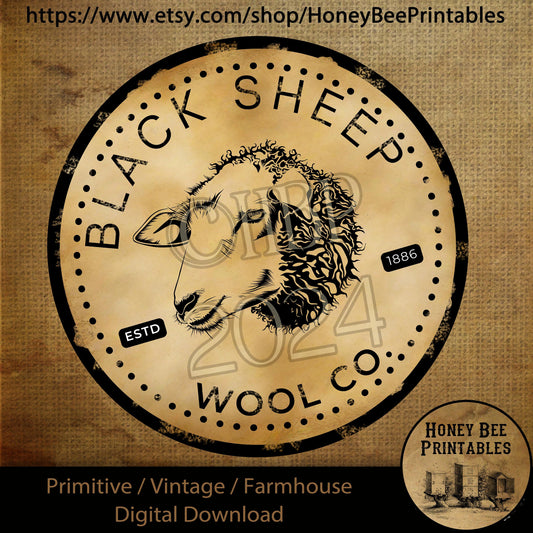 Vintage Primitive Farmhouse Digital Download Printable Sublimation Decoupage 10 inch Round Can Label Black Sheep Wool Co, Signs, Round Signs