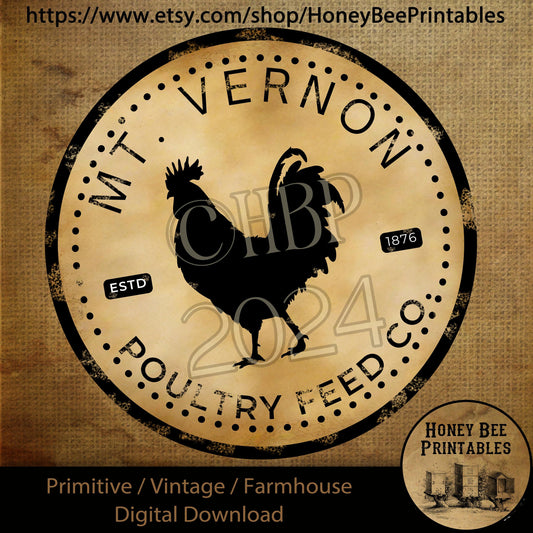 Vintage Primitive Farmhouse Digital Download Printable Decoupage 10 inch Round Label, Round Signs, Mt. Vernon Poultry Feed Co, Rooster