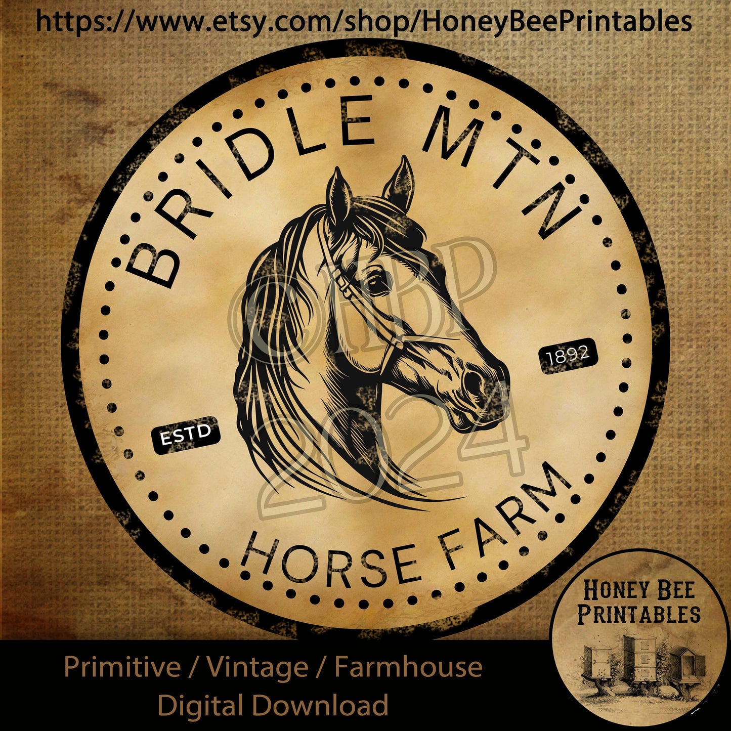 Vintage Primitive Farmhouse Digital Download Printable Decoupage 10 inch Round Label, Round Signs, Bridle Mountain Horse Farm Horse