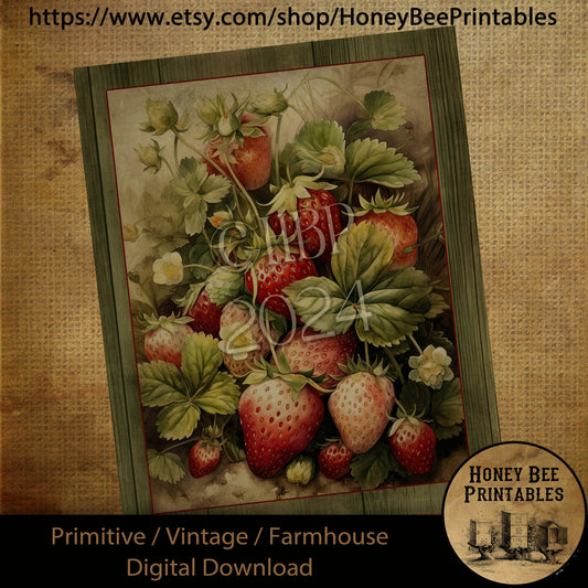 Vintage Primitive Farmhouse Digital Download Printable Sublimation Decoupage Labels, Vintage Strawberries, Bunch of Berries, Country, Wood 2