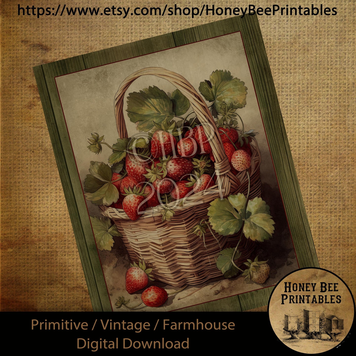 Vintage Primitive Farmhouse Digital Download Printable Sublimation Decoupage Labels, Vintage Strawberries, Basket of Berries, Country, Wood