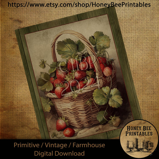 Vintage Primitive Farmhouse Digital Download Printable Sublimation Decoupage Labels, Vintage Strawberries, Basket of Berries, Country, Wood