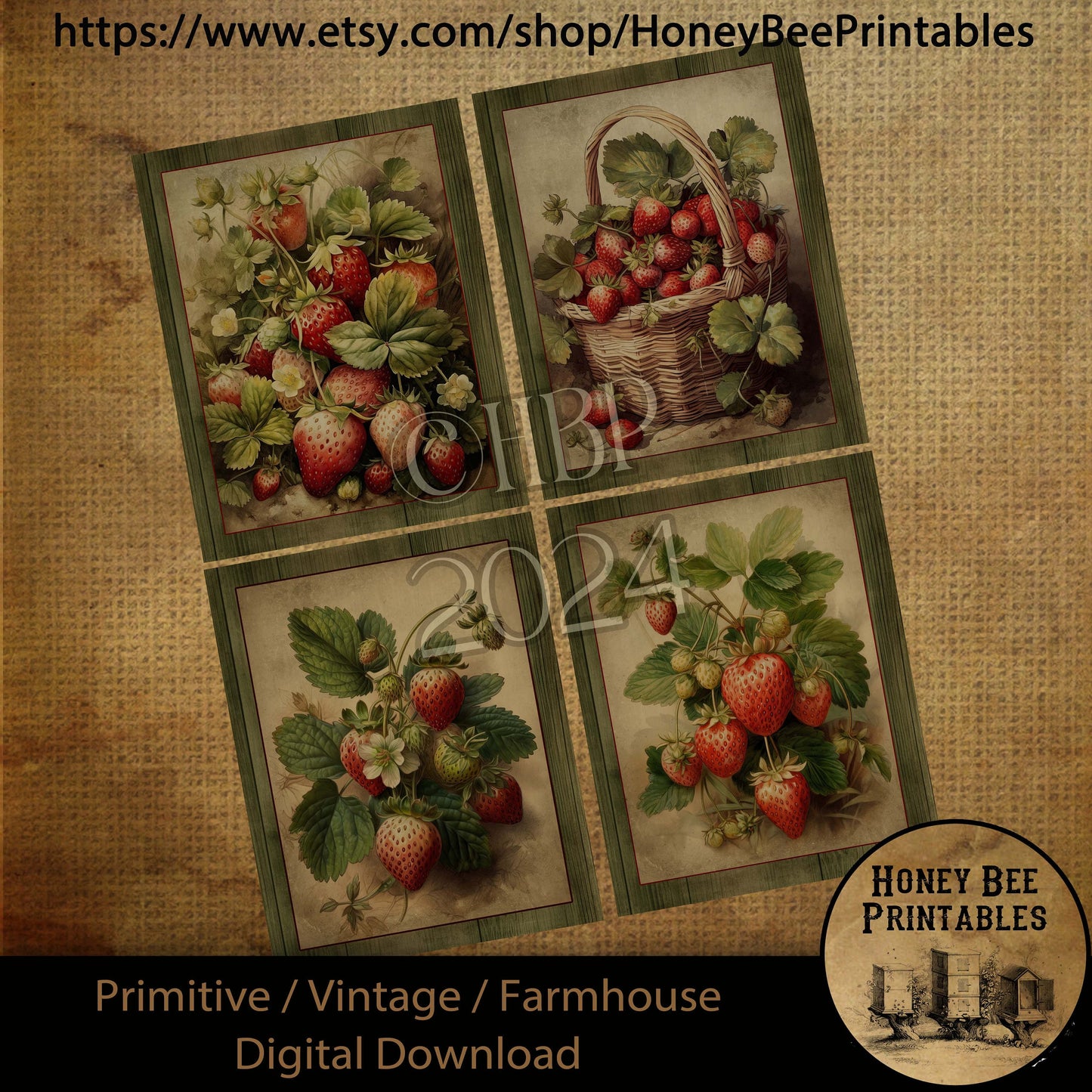 Primitive Farmhouse Digital Download Printable Sublimation Decoupage JPEG Labels Journal Cards, Strawberry Prints, Vintage Style Prints
