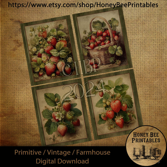 Primitive Farmhouse Digital Download Printable Sublimation Decoupage JPEG Labels Journal Cards, Strawberry Prints, Vintage Style Prints