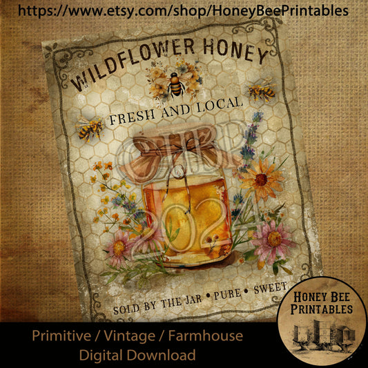 Vintage Digital Download Printable Sublimate Decoupage Primitive, Summer, Honey, Bees, Honey Bee, Fresh Honey, HoneyBee, Wildflower Honey