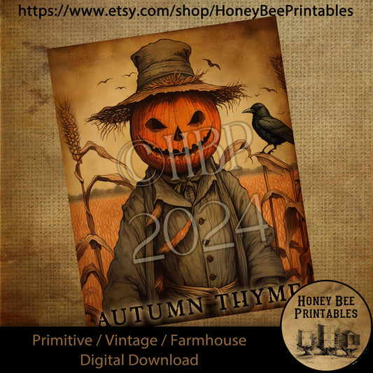Vintage Digital Download Printable Decoupage Primitive, Old Crow, Fall, Autumn Thyme, Scarecrow, Spooky, Jack-O-Lantern, Pumpkin, Cornfield