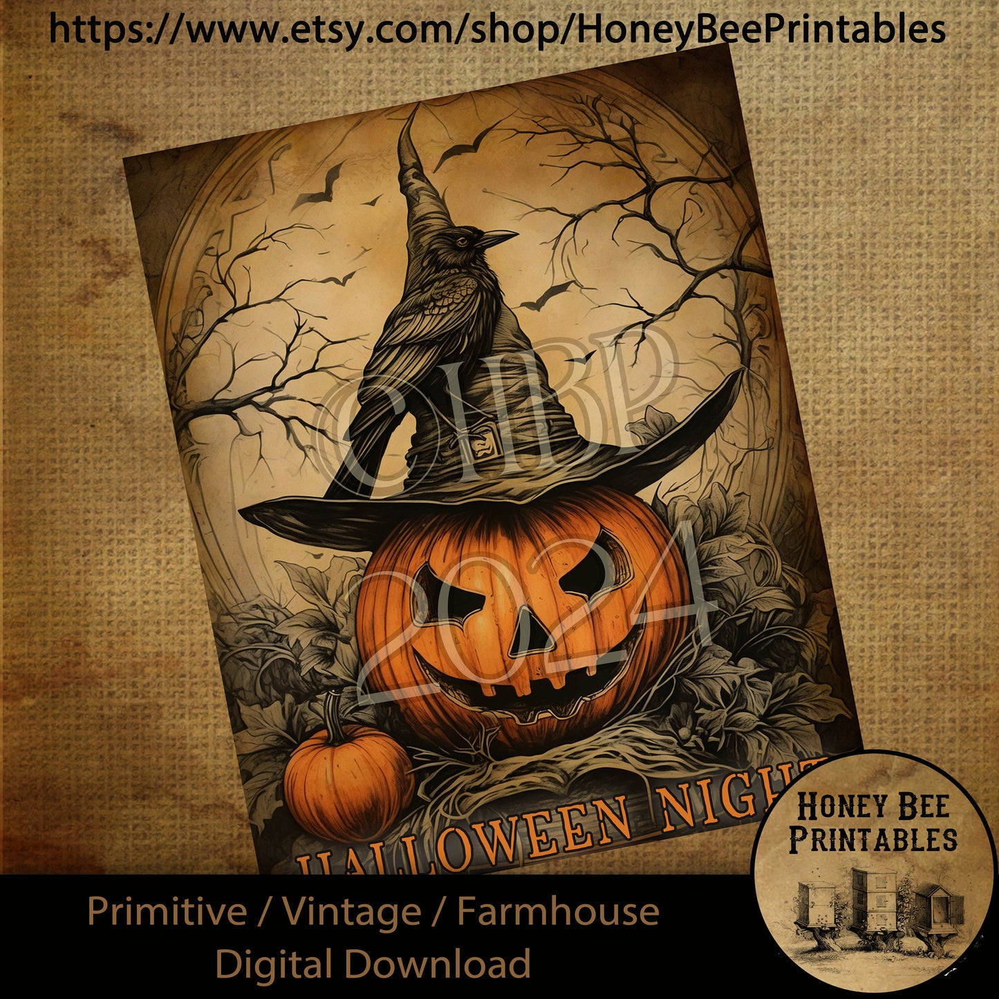 Vintage Digital Download Printable Decoupage Primitive, Old Crow, Fall, Halloween, Spooky, Jack-O-Lantern, Pumpkin, Witch Hat, Dark Night
