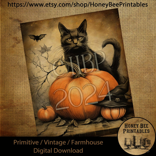 Vintage Digital Download Printable Decoupage Primitive, Fall, Halloween, Spooky Night, Black Cat, Pumpkins, Witch Hat, Bat, Halloween Night