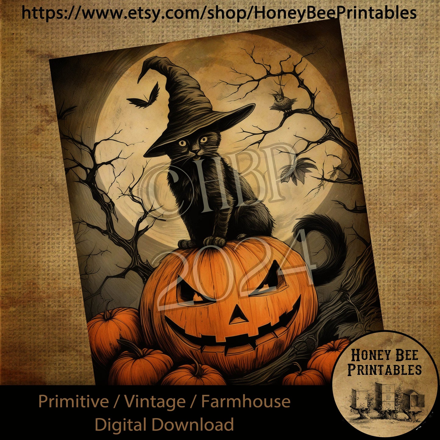 Vintage Digital Download Printable Decoupage Primitive, Fall, Halloween, Spooky Night, Black Cat, Jack-O-Lantern, Witch Hat, Bat, Full Moon