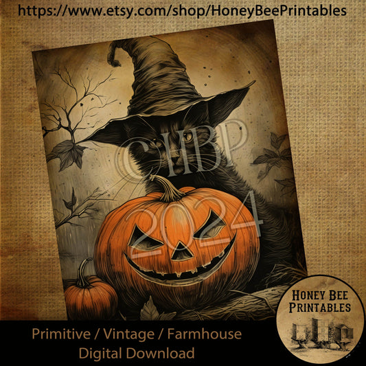Vintage Digital Download Printable Decoupage Primitive, Fall, Halloween, Spooky Night, Black Cat, Jack-O-Lantern, Witch Hat, Pumpkins