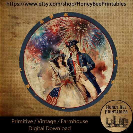 Vintage Primitive Farmhouse Digital Download Printable 10 inch Round Sublimation Decoupage Patriots Independence Celebration 10" Round Signs