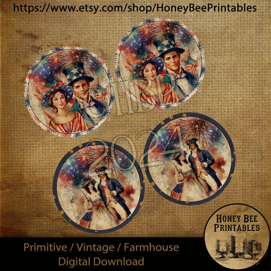 Vintage Primitive Farmhouse Digital Download Printable Round Decoupage Patriots Independence Celebration 4th of July set of 4 round labels
