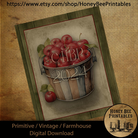 Vintage Primitive Farmhouse Digital Download Printable Sublimation Decoupage Labels, Vintage Apples, Wood Bucket of Apples, Kitchen Print,