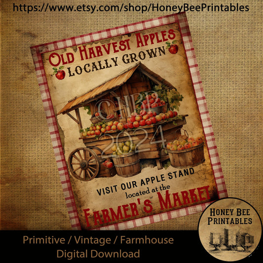 Vintage Primitive Farmhouse Digital Download Printable Sublimation Decoupage Labels, Old Harvest Apples, Vintage Apples, Apple Stand, Fruit