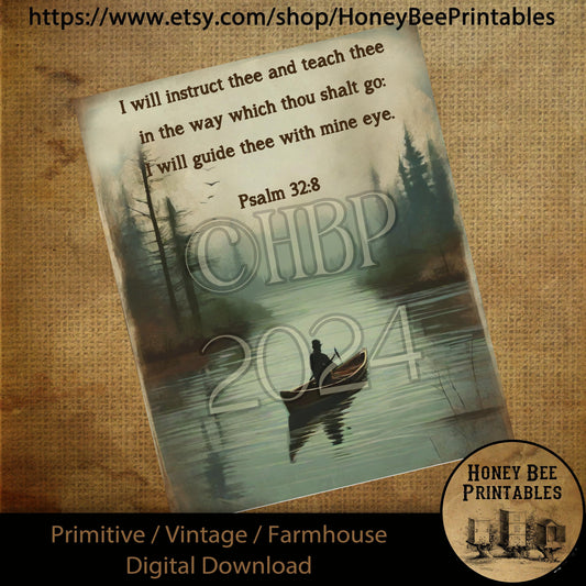 Vintage Digital Download Printable Sublimate Decoupage Primitive, Spring, Summer, Father, Dad, Father's Day, Canoe, Lake, Fishing, Psalm 23