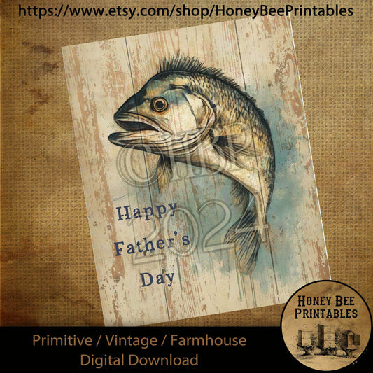 Vintage Digital Download Printable Sublimate Decoupage Primitive, Summer, Father, Dad, Happy Father's Day, Fish, Fishing, Card, Sign, Tag