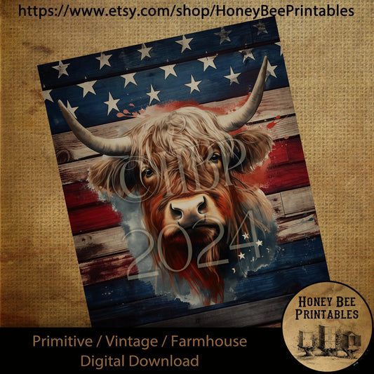 Vintage Primitive Farmhouse Digital Download Printable Sublimation Decoupage Americana Patriotic, Highland Cow, Cow, Red White Blue, USA